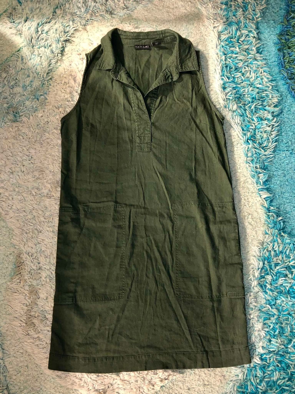 Tahari sleeveless olive green linen-blend shift dress